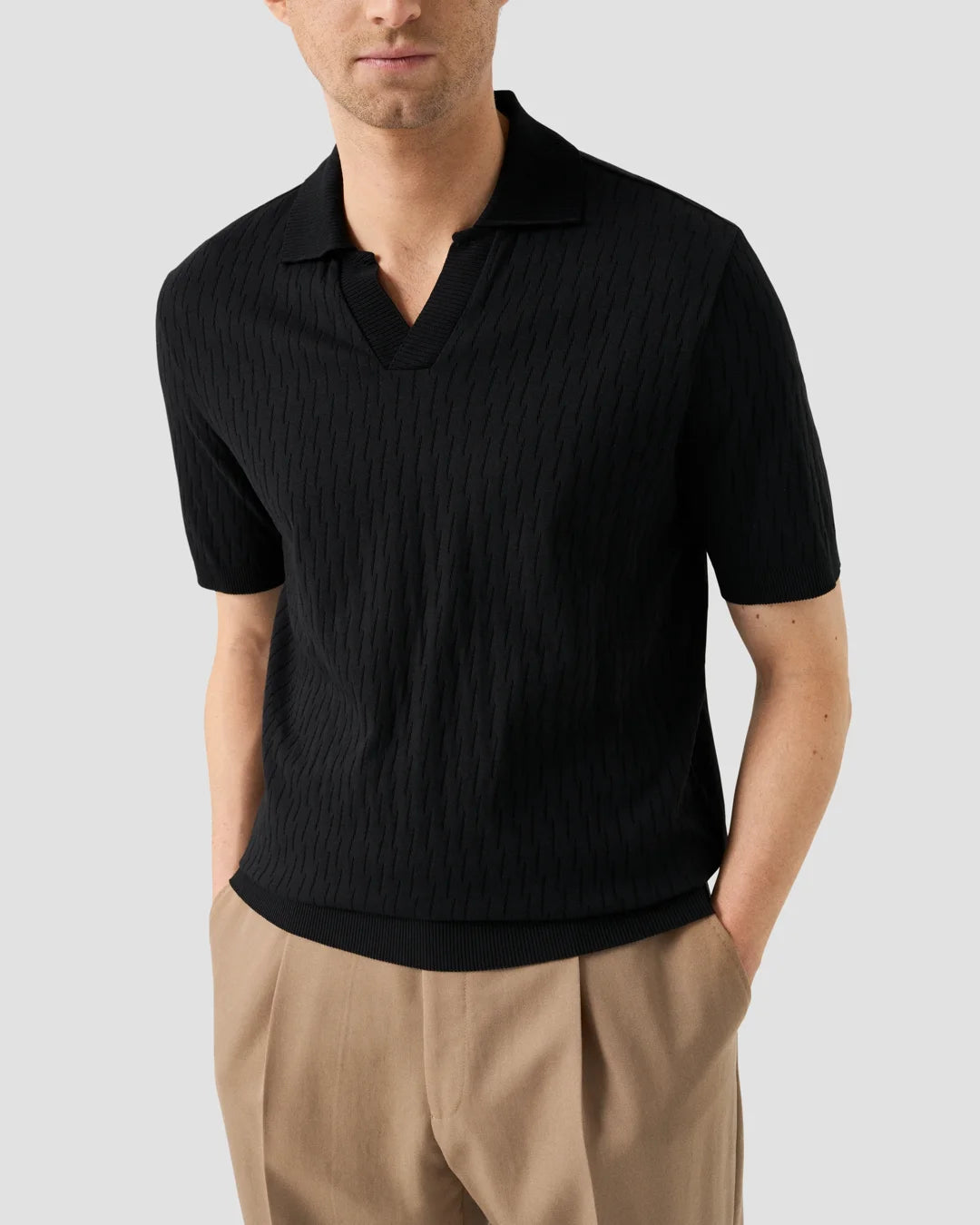 Eton Open Collar Black Jacquard Polo Shirt