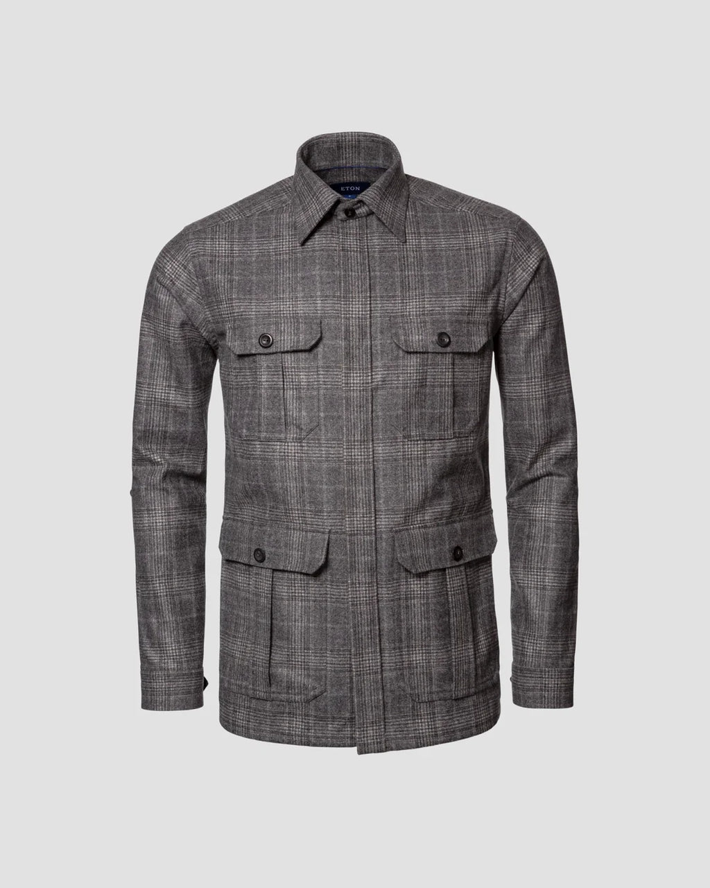 Eton Mid Gray Check Wool-Cashmere Flannel Overshirt