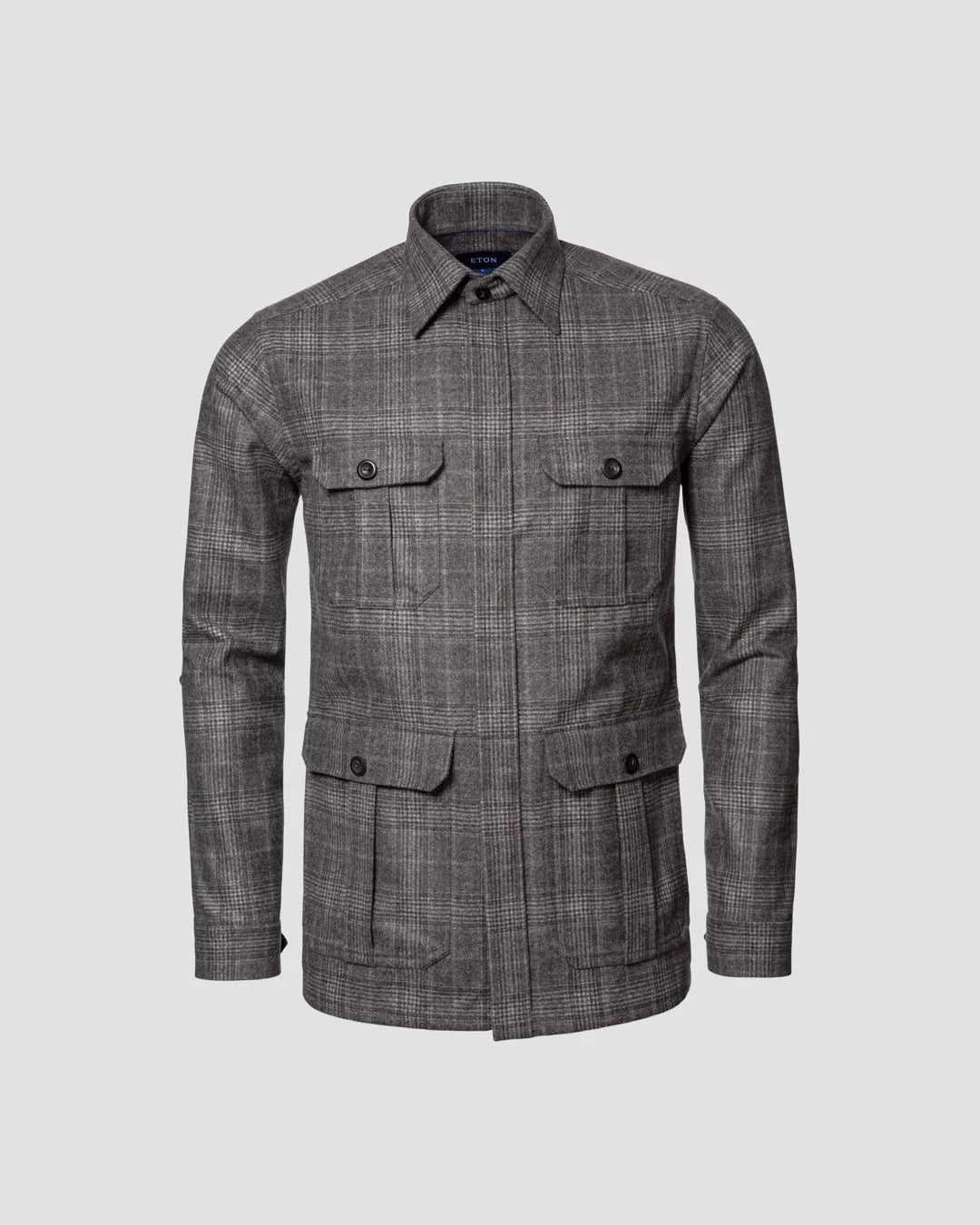 Eton Mid Gray Check Wool-Cashmere Flannel Overshirt